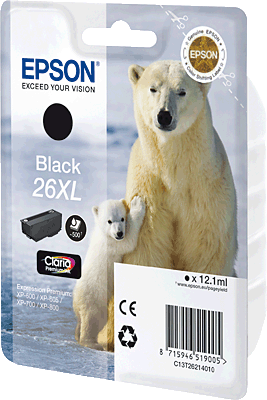 EPSON Tintenpatrone/T26214010 schwarz Inhalt 12ml 500 Blatt 26XL Expression Premium XP-600, XP-700, XP-800