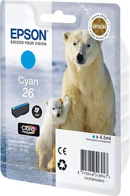 EPSON Tintenpatrone/C13T26124010/T26124010 cyan Inhalt 5ml 300 Blatt 26 Expression Premium XP-520, XP-600, XP-620, XP-625, XP-700, XP-720, XP-800, XP-820