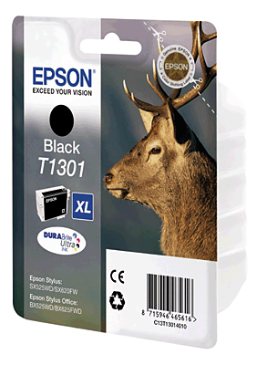 EPSON Tintenpatrone/T13014010 schwarz Inhalt 26ml T1301 Stylus SX525WD, SX620FW, Stylus Office B42WD, BX525WD, BX535WD, BX625FWD, BX630FW, BX635FWD, BX925FWD, BX935FWD, WorkForce WF-7015, WF-7515, WF