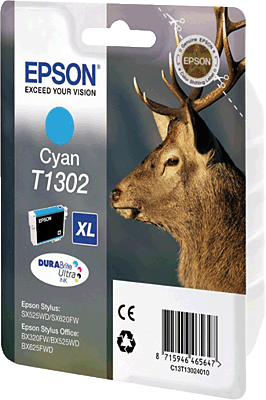 EPSON Tintenpatrone/T13024010 cyan Inhalt 10ml T1302 Stylus SX525WD, SX620FW, Stylus Office B42WD, BX525WD, BX535WD, BX625FWD, BX630FW, BX635FWD, BX925FWD, BX935FWD, WorkForce WF-7015, WF-7515, WF-75