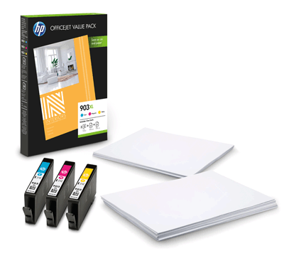 hp Tintenpatrone 1CC20AE 903XL VE5 je 1x cyan, magenta, gelb + Papier 75 Blatt HP Office Jet Pro 6950/6960/6970