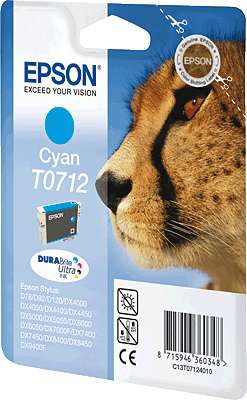 EPSON Tintenpatrone/T07124011 cyan Inhalt 6ml 375 Blatt T0712 Stylus D120, D78, D92, DX4000, DX4050, DX4400, DX4450, DX5000, DX6000, DX6050, DX7000F, DX7400, DX7450, DX8400, DX8450, DX9400F, S20,