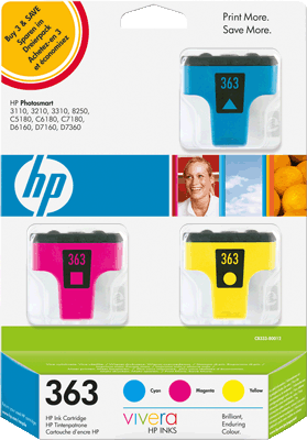 hp Tintenpatr CB333EE 3x 363 3farbig VE3 400x cyan, 370x magenta, 500x gelb Blatt je 1x cyan, magenta, gelb Photosmart 3110, 3210, 3310, D6160, D7160, D7260, D7360, D7460, 8250, C5180, C6180, C6270,