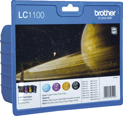 Brother Tintenpatrone LC1100VALBPDR VE4 1x 450, 3x 325 Blatt je 1x schwarz, cyan, magenta, gelb DCP-185C, 385C, 395CN, 585CW, J715, 6690CW, MFC-490CW, 790CW, 795CW, 990CW, 5490CN, 5890CN, 5895CW,