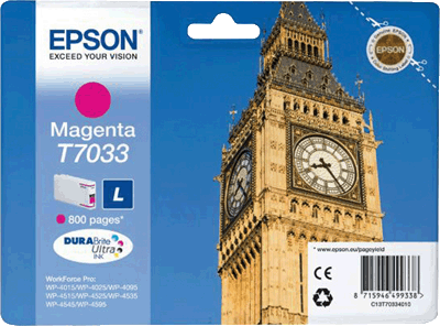 Epson Tintenpatrone T70334010 T7033 mag 800 Blatt magenta WorkForce Pro WP-4015 DN, WP-4025 DW, WP-4095 DN, WP-4515 DN, WP-4525 DNF, WP-4535 DWF, WP-4545 DTWF, WP-4595 DNF