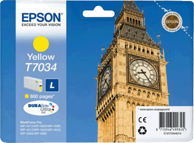 Epson Tintenpatrone T70344010 T7034 gb 800 Blatt gelb WorkForce Pro WP-4015 DN, WP-4025 DW, WP-4095 DN, WP-4515 DN, WP-4525 DNF, WP-4535 DWF, WP-4545 DTWF, WP-4595 DNF