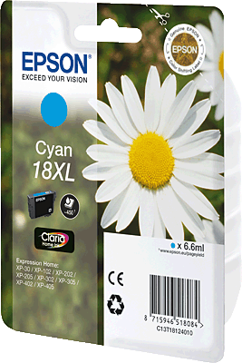 EPSON Tintenpatrone/T18124010 cyan Inhalt 7ml 450 Blatt 18 XL Expression Home XP-30, XP-102, XP-202, XP205, XP-215, XP-302, XP-305, XP402, XP-405, XP-31er Serie, XP-41er Serie