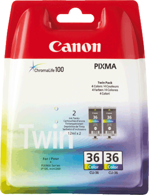 Canon Tintenpatrone CLI36 1511B018 VE2 2x 249 Blatt je 2x 3-farbig (cyan, magenta, gelb) PIXMA iP100, iP100R, iP100wb, mini 260, mini260R, mini320, mini320R